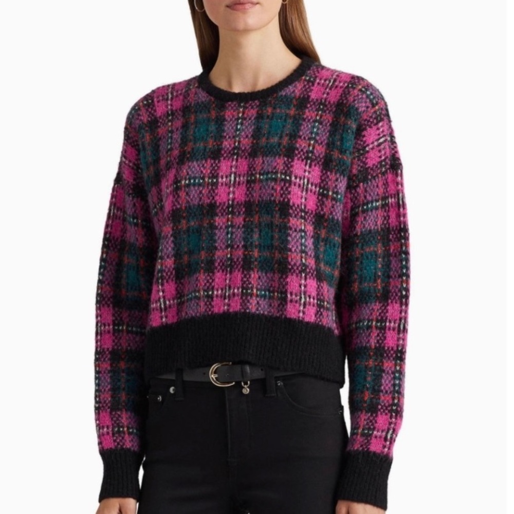 Ralph Lauren Black Label Pink Multi Plaid Wool Alpaca Cropped Sweater MED